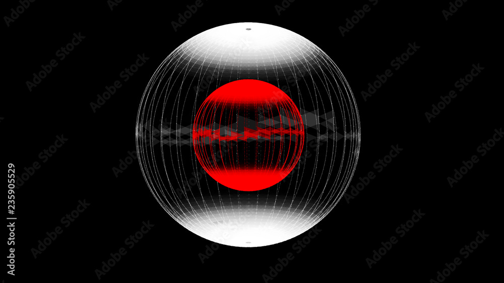 Poster abstract glossy sphere of red and white tint on dark background. particles. 3d abstract noisy pulsat