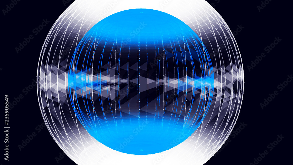 Poster abstract glossy sphere of blue and white tint on dark background. particles. 3d abstract noisy pulsa