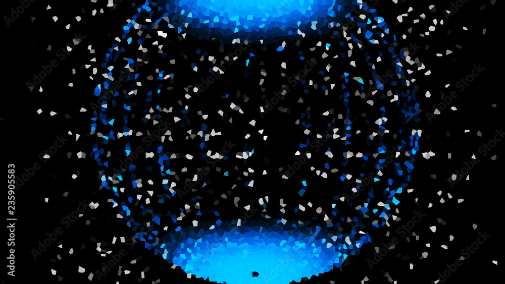Poster abstract glossy sphere of blue and white tint on dark background. particles. 3d abstract noisy pulsa