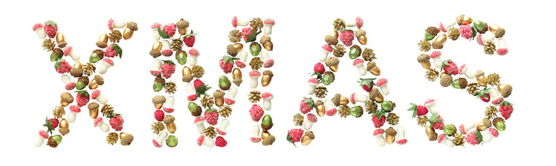 Holiday concept. Word XMAS on white background.Symbol letters collected from the Christmas decor - acorns, cones, berries and mushrooms. Flat lay, creative layout