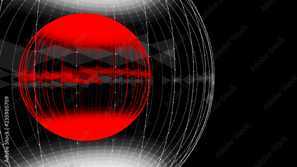 Poster abstract glossy sphere of red and white tint on dark background. particles. 3d abstract noisy pulsat