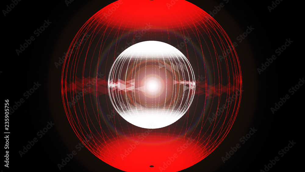 Poster abstract glossy sphere of red and white tint on dark background. particles. 3d abstract noisy pulsat