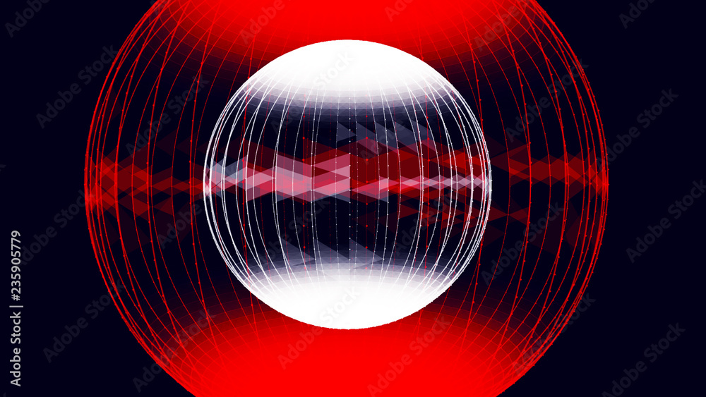 Poster abstract glossy sphere of red and white tint on dark background. particles. 3d abstract noisy pulsat