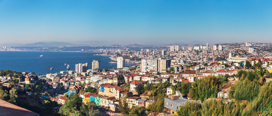Fototapeta na wymiar Panoramic aerial view of Valparaiso from Avenida Alemania - Valparaiso, Chile
