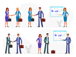 Business characters working in office. People with a handshake. Infographics presentation