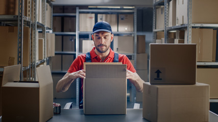 Professional Warehouse Worker Finishes Order, Sealing Cardboard Boxes Ready for Shipment. In the...