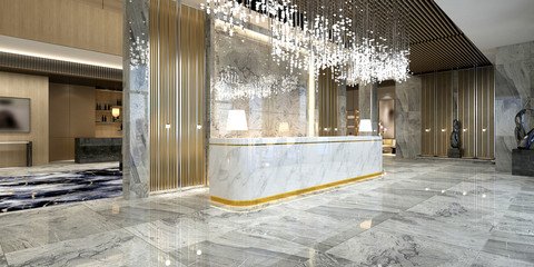 3d render of luxury hotel lobby reception - obrazy, fototapety, plakaty