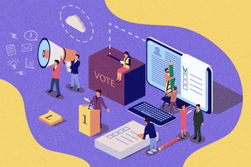 Isometric illustration concept. Group of people give online vote. Content for web page, banner, social media, documents, cards, posters, news. Vintage texture