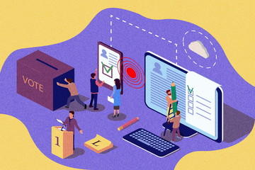 Isometric vintage illustration concept. Group of people give online vote and remove the ballot box. Peolpe use phone for voting. Content for web page, banner, social media.