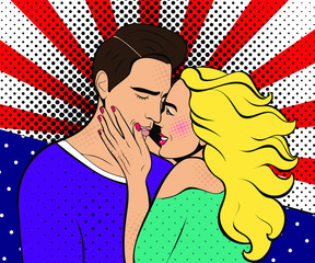 Naklejka na ściany i meble Poster for Valentine's day. Sexy pop art woman with a man. Vector background in comic style retro pop art. Invitation to a party. Face close-up.