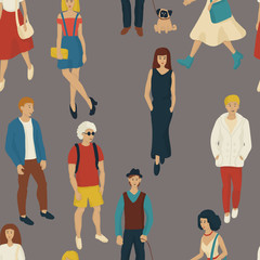 Obraz premium Seamless pattern with business people walking. Cartoon style illustration with men and woman.