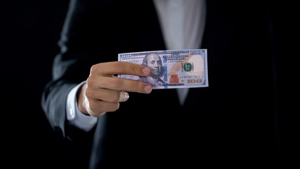 Businessman showing dollar banknotes, american currency, credit offer, economics