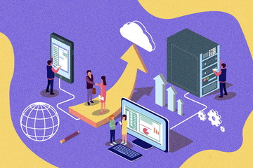 Creative isometric retro illustration. Cloud computing content for web page, banner, social media, documents, cards, posters, news.