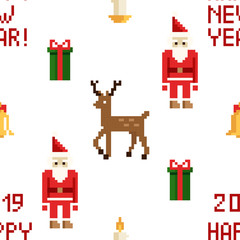 Colorful Pixel Pattern with Christmas Elements. Atcade games style
