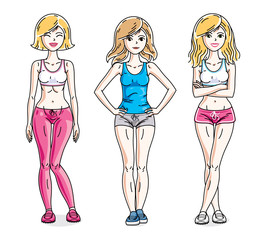 Attractive young women posing wearing stylish sport clothes, sportswoman and fitness people. Vector characters set. Lifestyle theme fem characters.