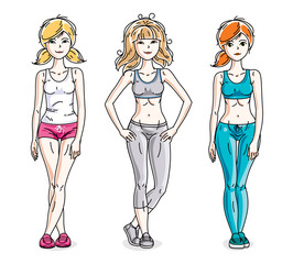 Attractive young women posing wearing stylish sport clothes, sportswoman and fitness people. Vector characters set.