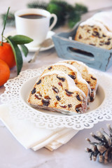 Stollen, traditional Christmas cake and cup of coffee