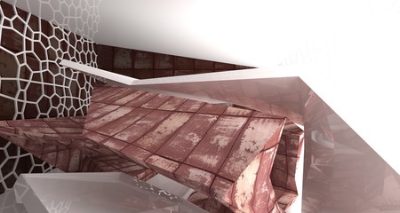 Empty  abstract room interior of sheets rusted metal. Architectural background. 3D illustration and rendering