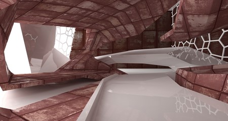 Empty  abstract room interior of sheets rusted metal. Architectural background. 3D illustration and rendering