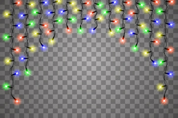 Christmas lights isolated realistic design elements. Glowing lights for Xmas Holiday cards, banners, posters, web design. Garlands decorations. Vector illustration.