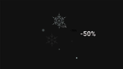 Percent Sings on Dark Background. Black Poster with Silver Percent Sings and Snowflakes. Vector Discount Sale Background.