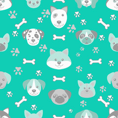 Pattern of dogs with bones and paws. Seamless Haski, Labrador, Chihuahua, Pug, Dalmatian