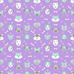 Pattern of dogs with bones and paws. Seamless Haski, Labrador, Chihuahua, Pug, Dalmatian