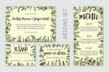 Wedding invite, invitation menu rsvp thank you card vector floral greenery design: Forest fern frond, Eucalyptus and boxwood branch green leaves foliage frame border. Watercolor set