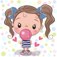 Meubelstickers Kinderkamer Schattige Cartoon Meisje met kauwgom