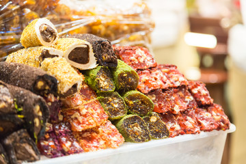 Turkish sweets in the Egyptian bazaar market in Istanbul, Turkey. Close up image