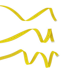 3d rendering of three yellow measuring tapes lying curled on a white background.