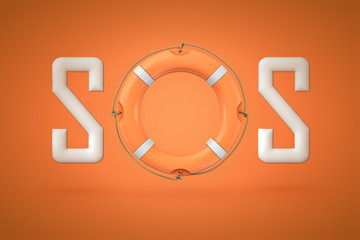 3d rendering of the word 'SOS' with an orange lifebuoy instead of letter O.