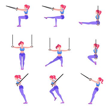 Set of woman doing different exercises with gymnastic rings TRX, sporty slender girl workout with sport equipment in air, vector illustration in flat style