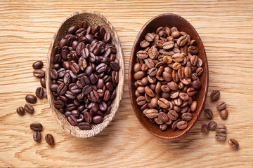 coffee beans in wooden bowls