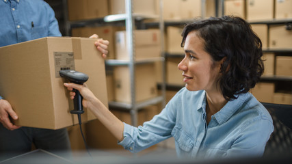Female Inventory Manager Scans Cardboard Box and with Barcode Scanner, Male Worker Holds Package....