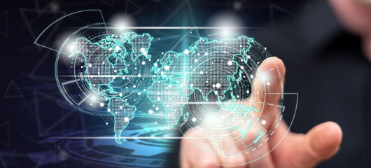 Man touching a global network technology concept