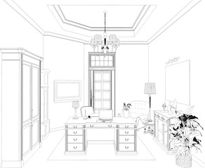 Fototapeta premium director's office, head office, contour visualization, 3D illustration, sketch, outline