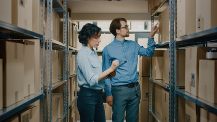 Female Inventory Manage and Storage Worker, Check Stock and Have Discussion at Work. In the...