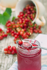 Red currants and jar of jam in garden. Natural light.