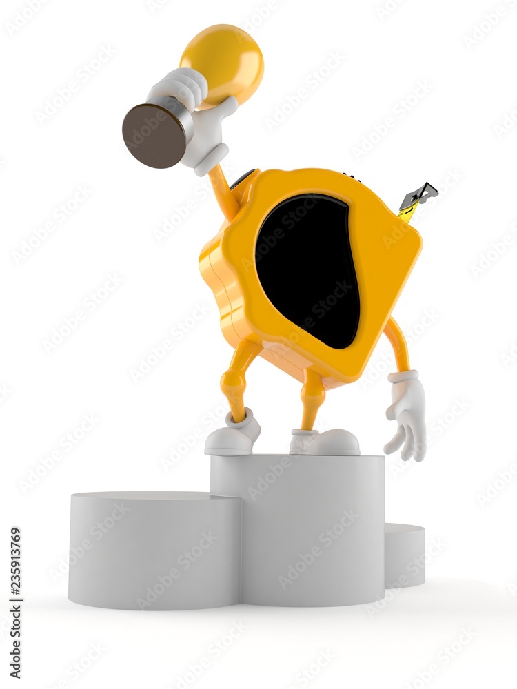 Poster measure tape character holding golden trophy