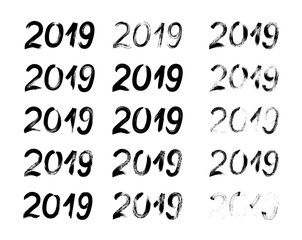 2019 Hand drawn numbers with brush. Vector set of 15 hand written textured figures for New Year or Holidays party. Grunge calligraphy lettering.