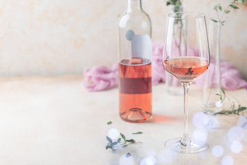 Glass and bottle of rose wine