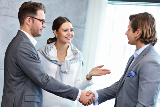 Group of business people introducing one another