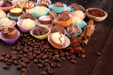 a lot of variety chocolate pralines, belgian confectionery gourmet chocolate.