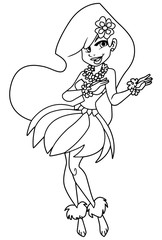 Full length line art illustration of an attractive Hawaiian woman wearing traditional costume while dancing on an idyllic tropical beach.
