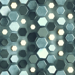 Seamless pattern of concrete and illuminating hexagons 3D render