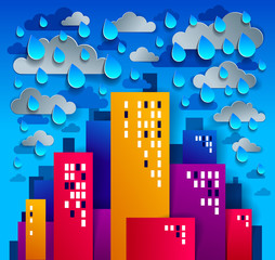 City houses buildings under rain paper cut cartoon kids game style vector illustration, modern minimal design of cute cityscape, urban life, clouds and rain in sky.