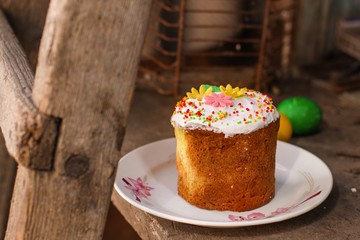 easter cake and easter eggs. Happy easter!   (traditional decoration and treats) Easter food. Copy space. top view
