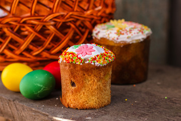 easter cake and easter eggs. Happy easter!   (traditional decoration and treats) Easter food. Copy space. top view