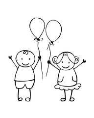 Linear boy and girl with balloons. Little people